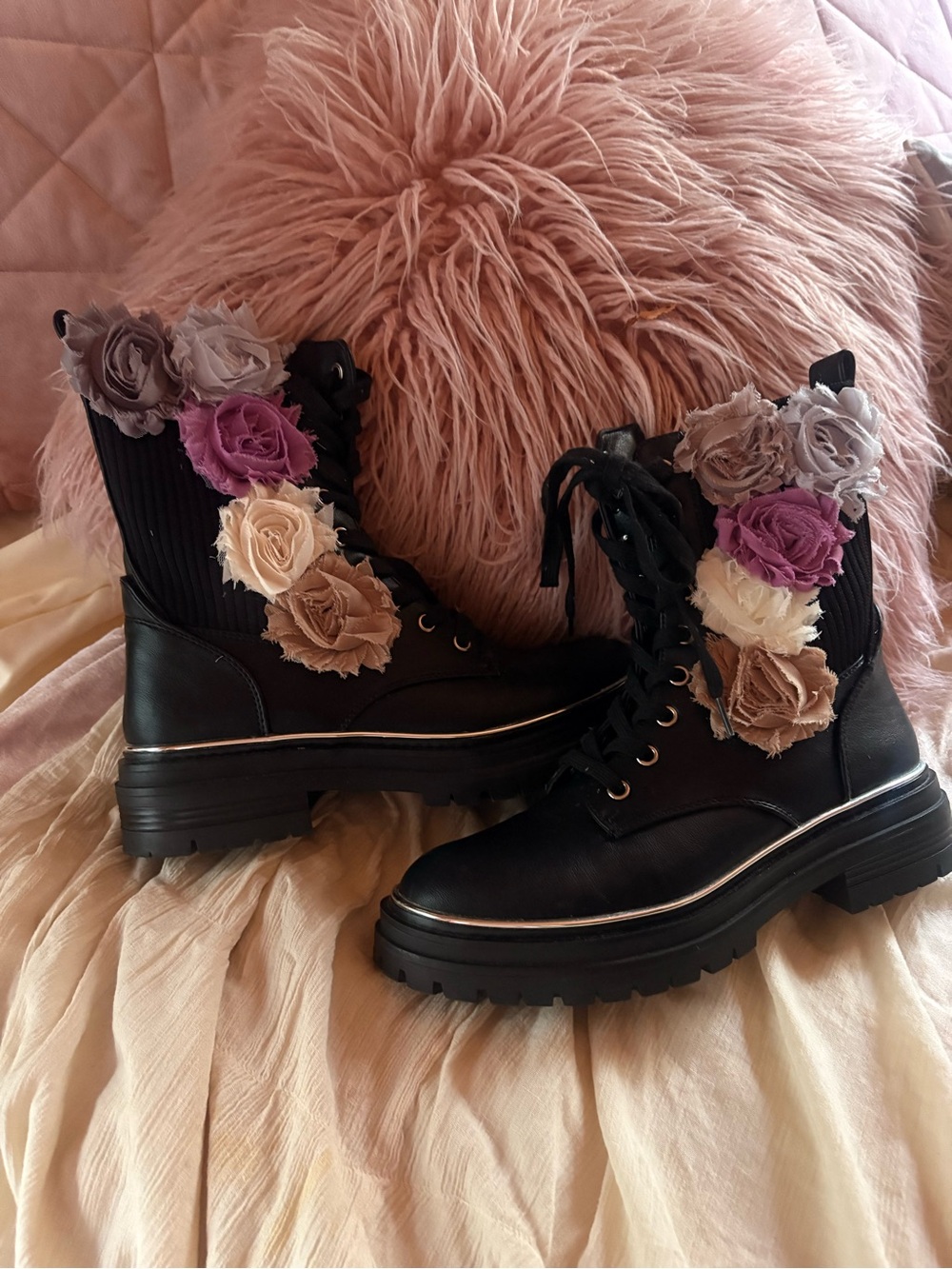 Black Floral Combat Boots - Rose Accent Rare